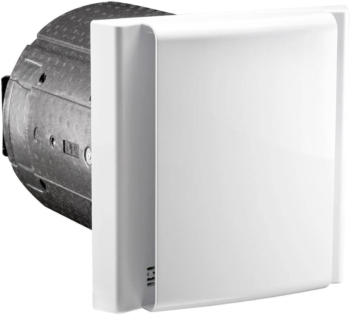 Ventilateur de ventilation blanc et carré dans son boîtier, visible de côté avec une unité de ventilation noire.