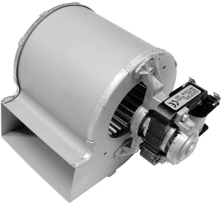 Un ventilateur métallique avec un moteur électrique, utilisé pour la circulation d'air dans les systèmes de chauffage et de climatisation.