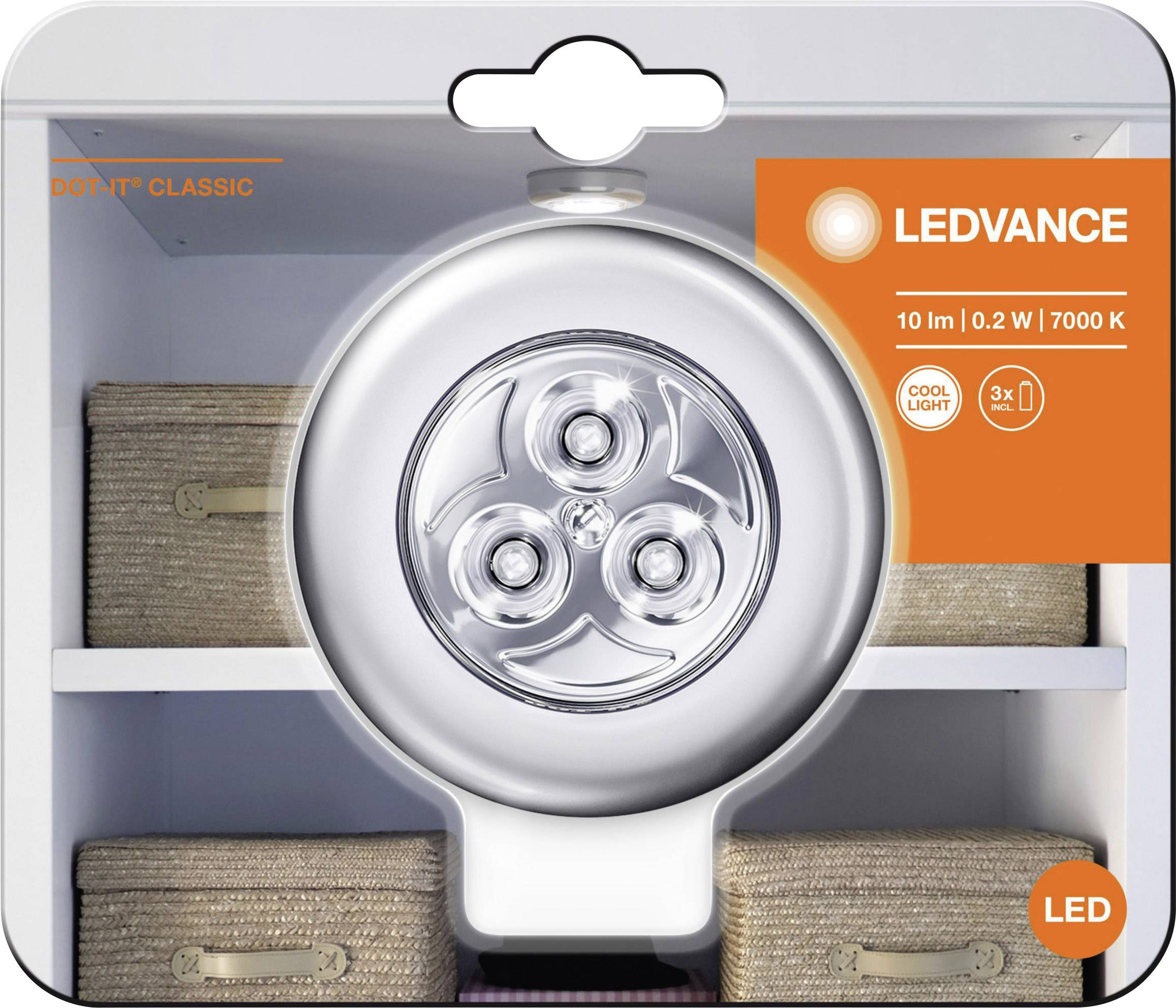 Lampe LED sur étagère avec trois paniers, emballée dans un emballage orange vif, marquée 'LEDVANCE'. 10 lumens, 0,2 W, 7000 K.