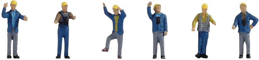 Six figurines miniatures colorées en tenue de travail et casques de chantier, adoptant différentes poses, symbolisent des ouvriers du bâtiment au travail.