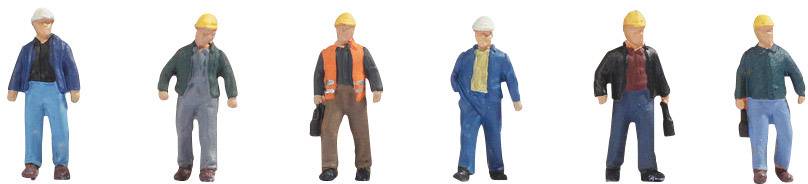 Six figurines miniatures en tenue de travail et casques sont alignées. Chaque figurine porte une combinaison de couleurs différente.