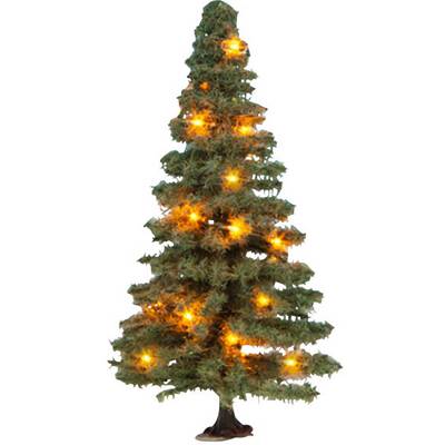 Un sapin de Noël décoré avec des lumières orangées scintillantes. L'arbre est seul devant un arrière-plan neutre.