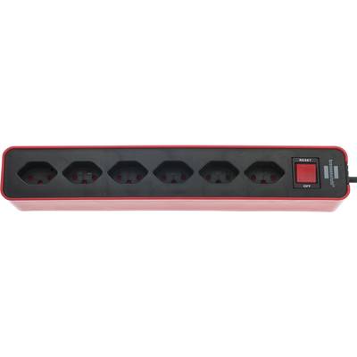 Une barrette d'alimentation rouge avec six emplacements noirs et un interrupteur rouge portant les mentions « Reset » et « Off ».