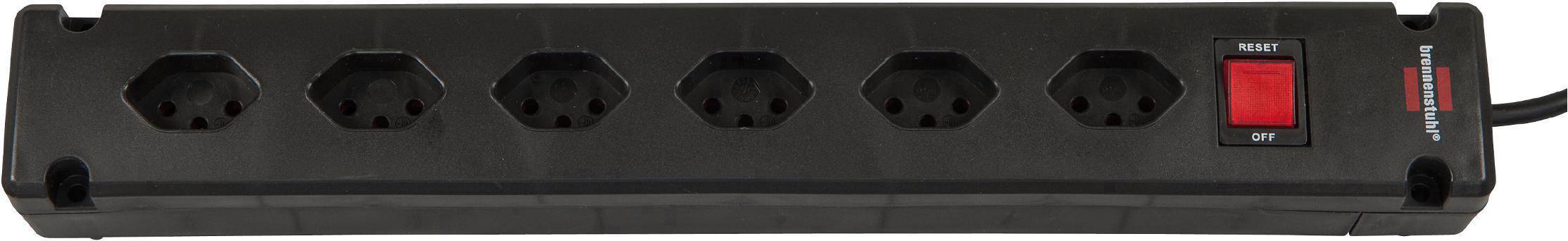 Multiprise noire à cinq emplacements avec interrupteur marche/arrêt rouge sur le côté droit.