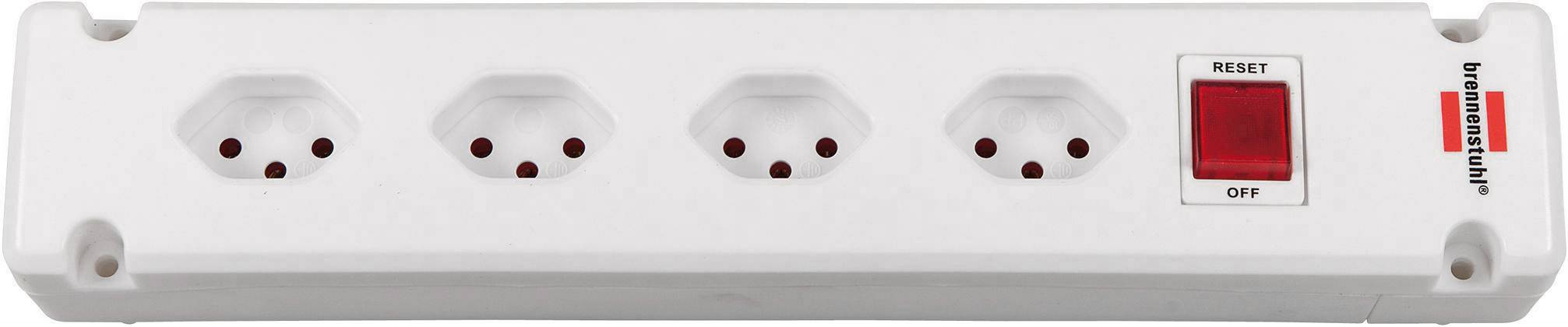 Une barrette d'alimentation blanche avec quatre prises et un interrupteur marche/arrêt.