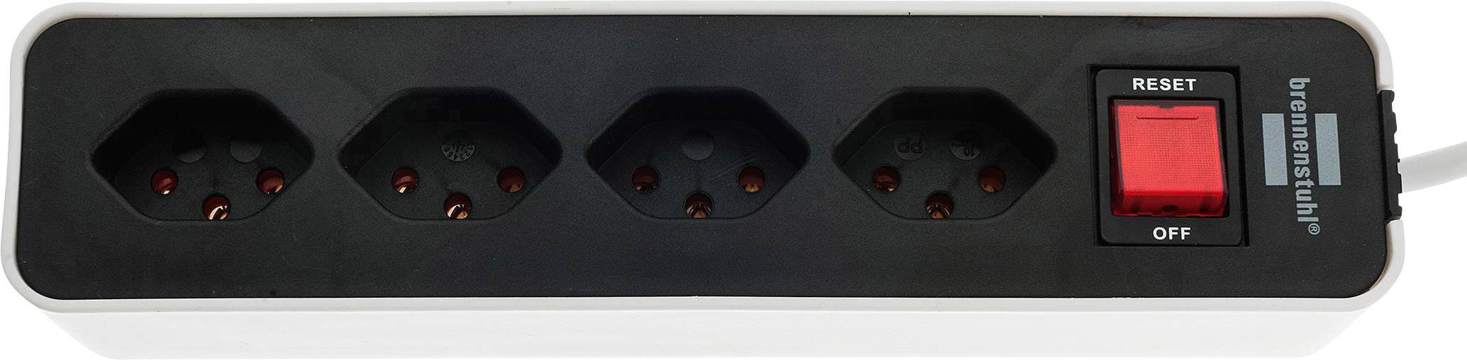 Bloc multiprises à quatre prises avec un interrupteur rouge indiquant 'Réinitialisation' et 'Arrêt'.