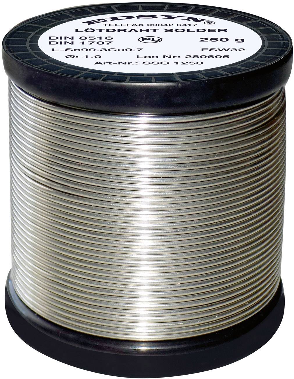 Une bobine de soudure, 250 g, portant les inscriptions 'Lötfett Solder', 'DIN 8517', et 'Art.-Nr. 8501250', utilisée pour souder.