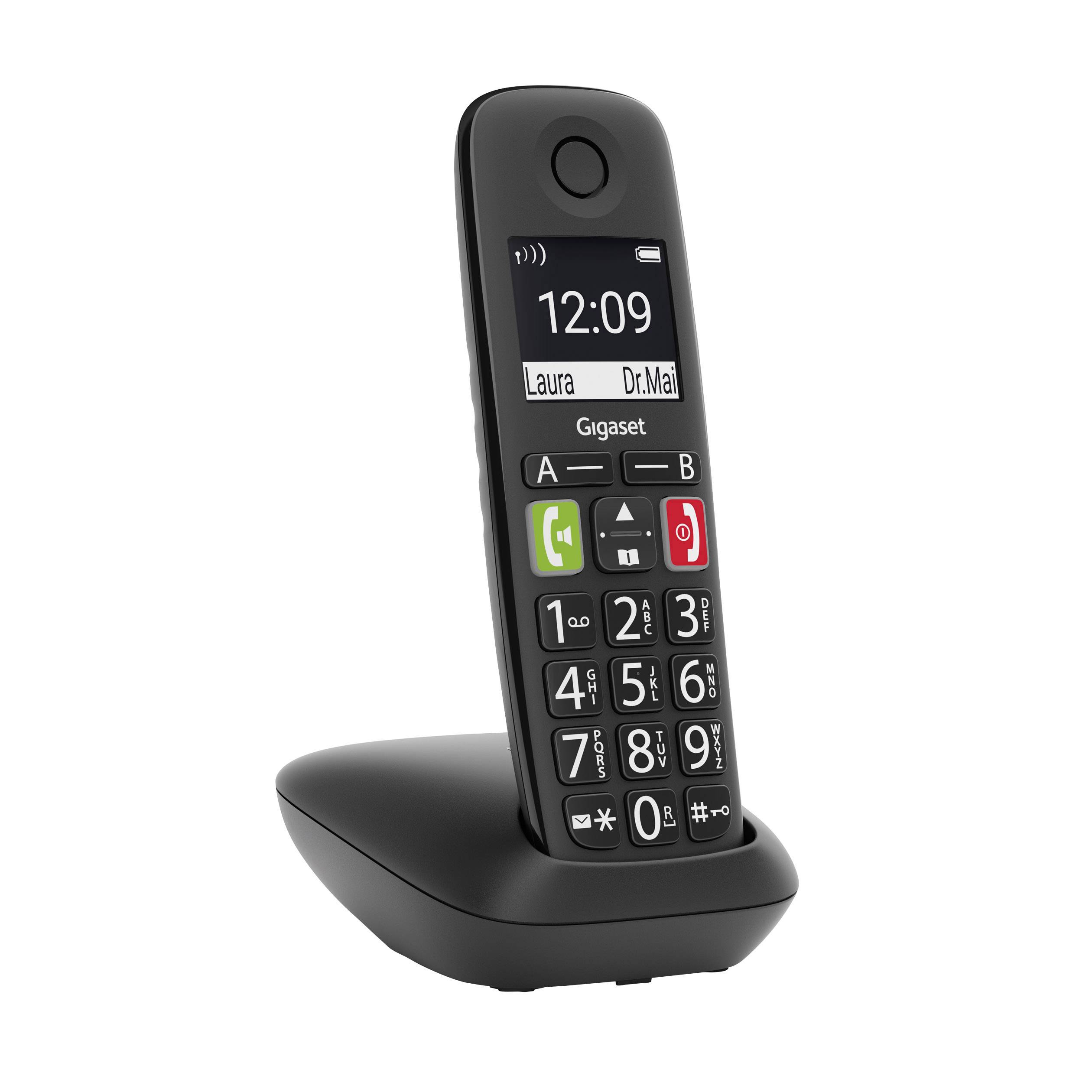 Un téléphone sans fil DECT avec un grand écran et des touches. Sur l'écran s'affiche '12:09', avec les noms 'Laura' et 'Dr. Mai'.