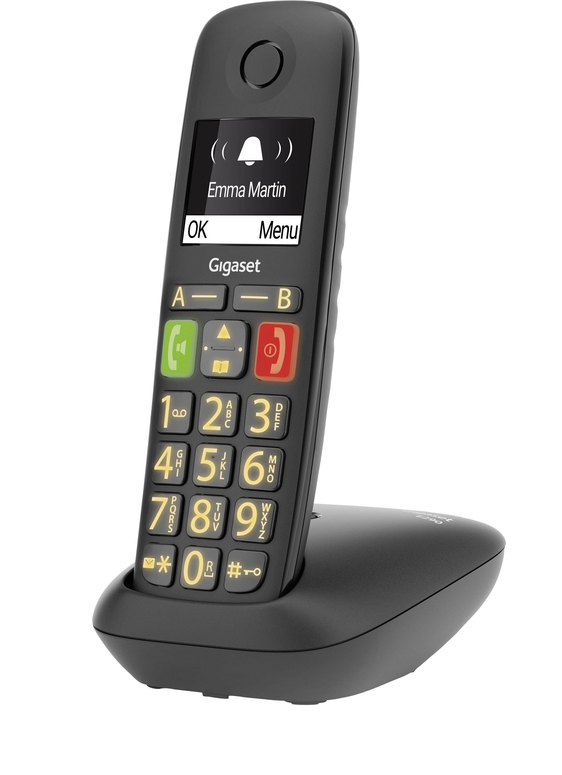 Téléphone sans fil Gigaset avec touches rétroéclairées sur la station de charge. L'écran affiche 'Emma Martin' au-dessus d'une icône d'appel.