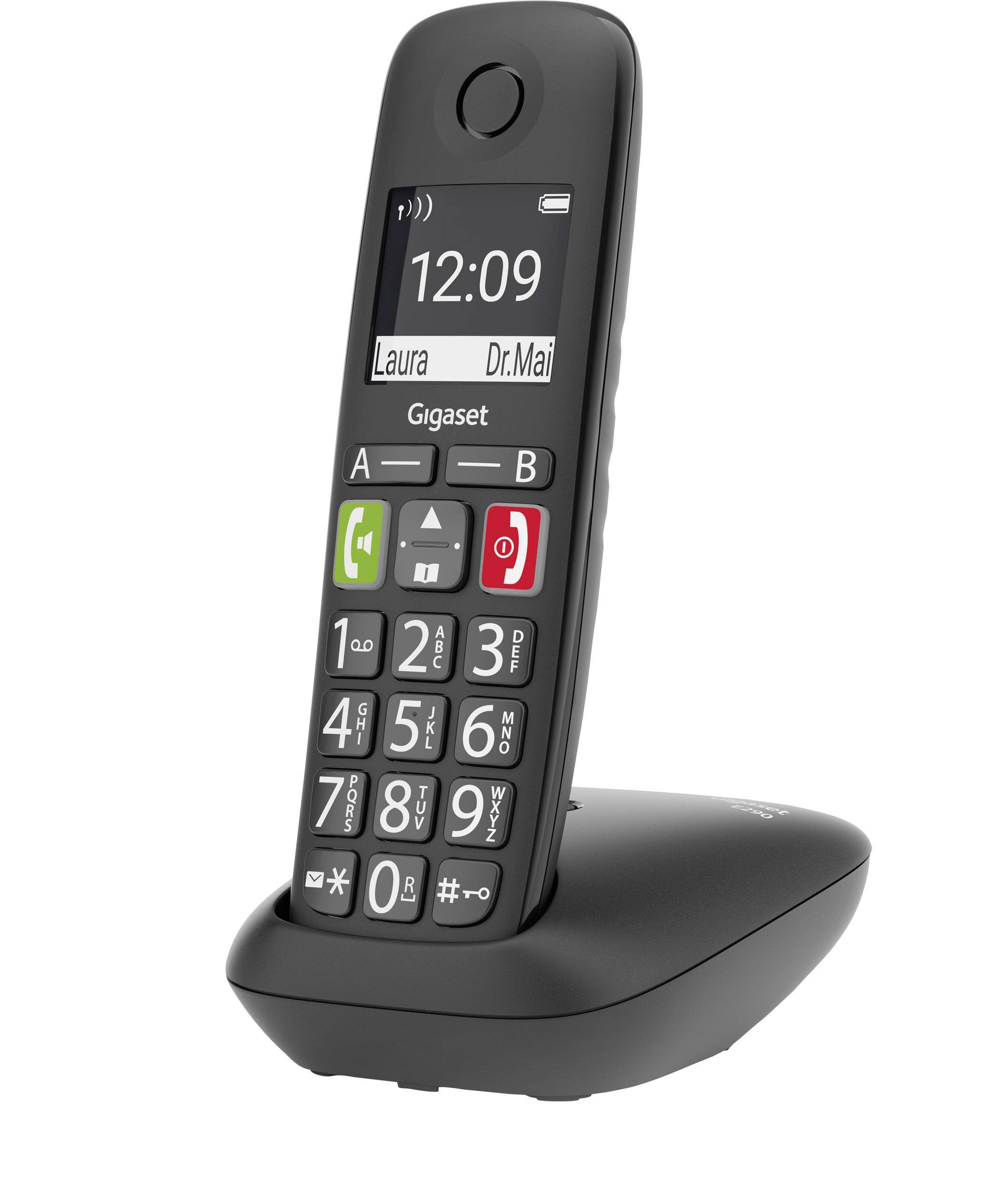Téléphone sans fil sur sa station de charge. Grand écran affichant l'heure '12:09'. Touches avec des symboles pour répondre à l'appel, raccrocher et le haut-parleur.