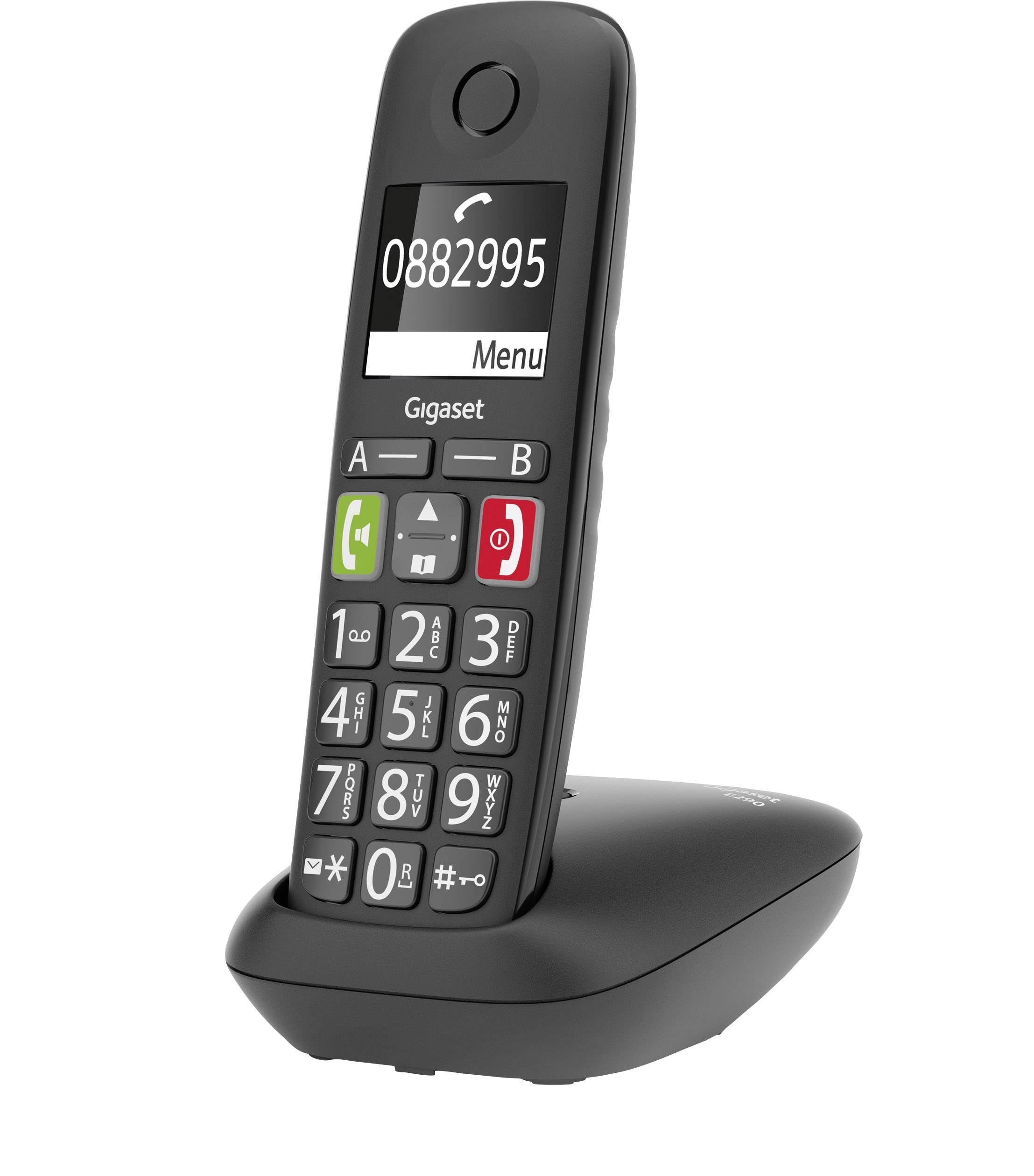 Téléphone sans fil avec touches larges et écran, affichant '0882995'. Conçu pour une utilisation simple et une lisibilité claire.