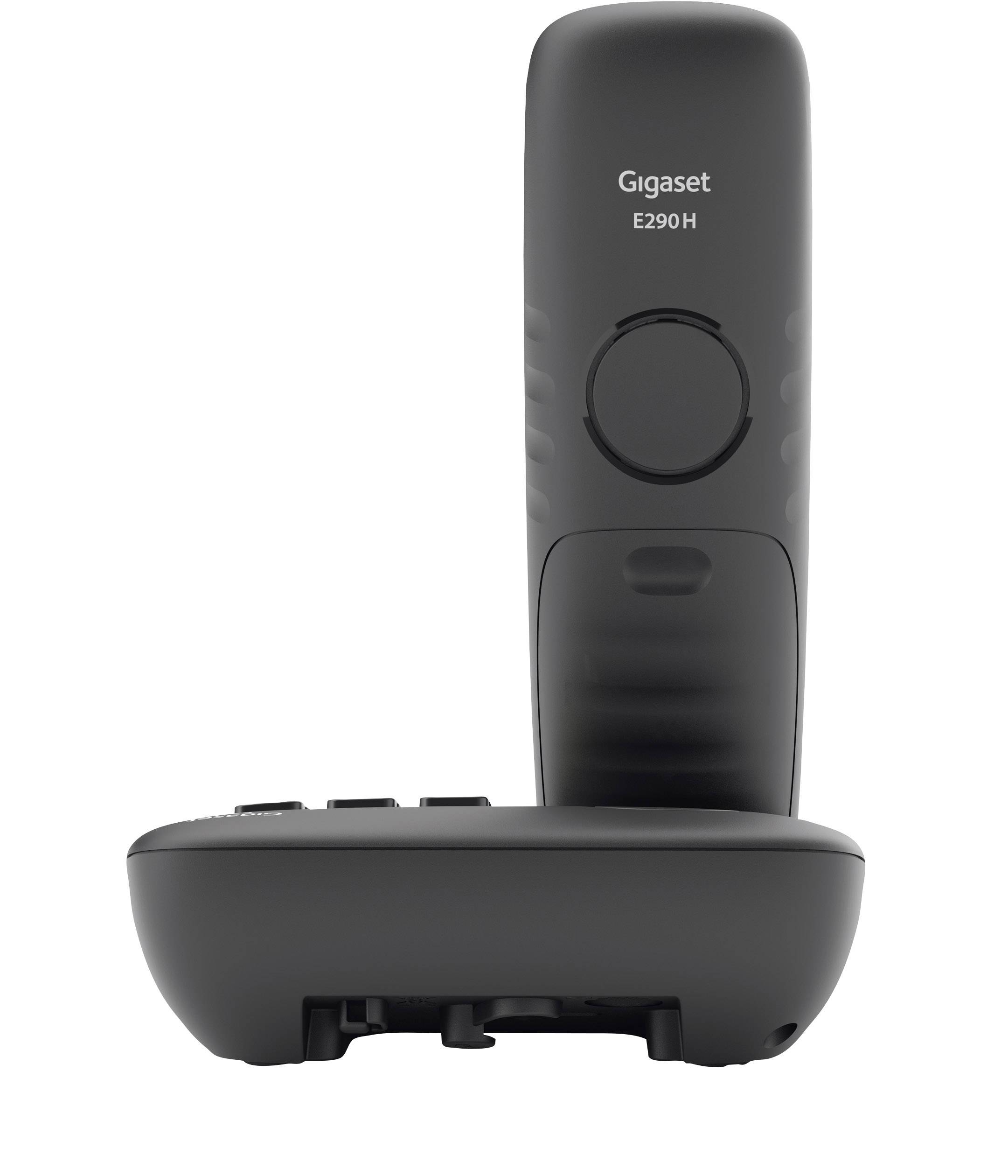 Téléphone sans fil Gigaset E290H en noir avec touches larges et affichage clair, adapté aux seniors et aux personnes malvoyantes.