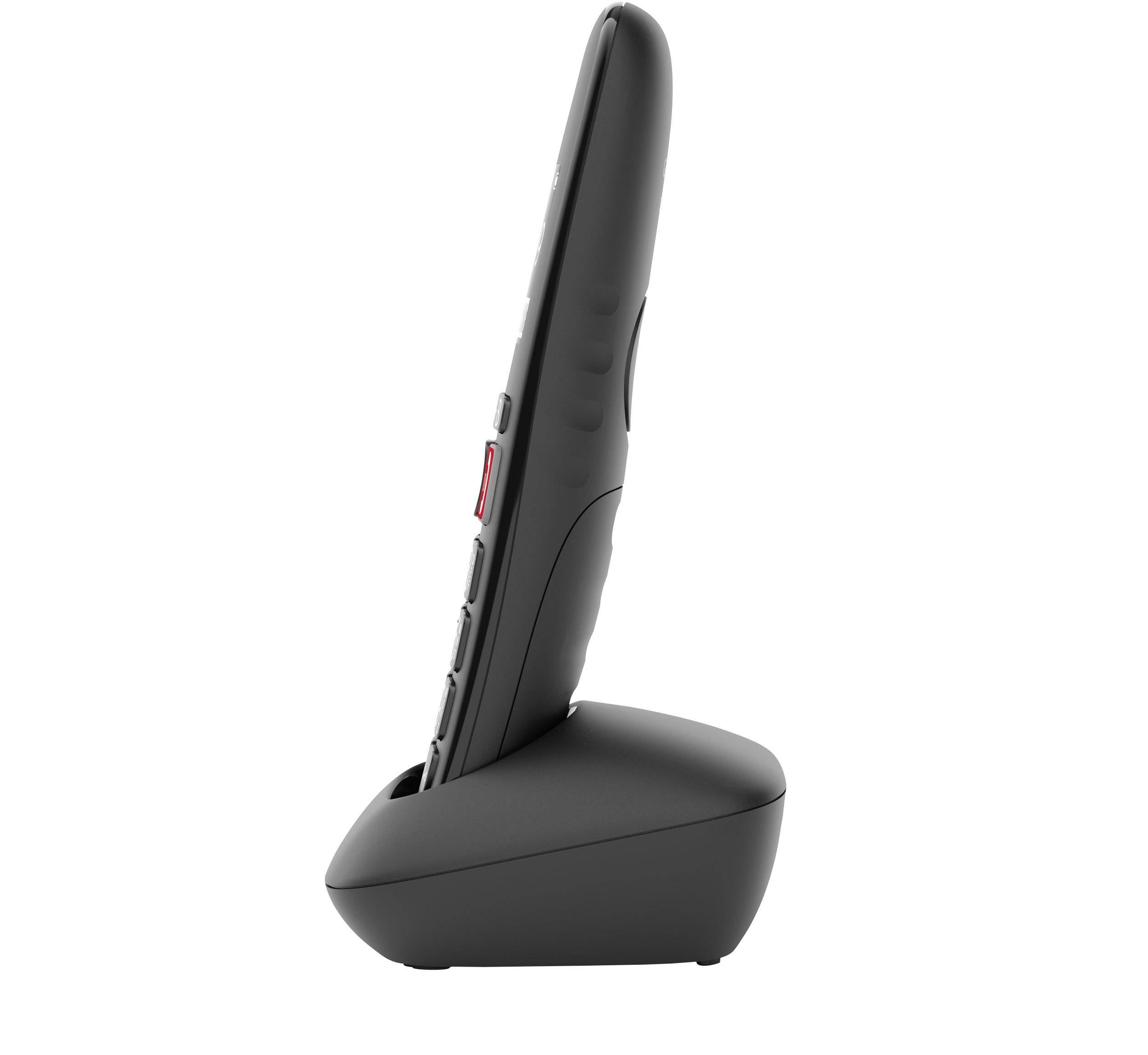 Station de base pour téléphone sans fil avec combiné mobile vertical en profil. Appareil au design moderne et épuré en noir.