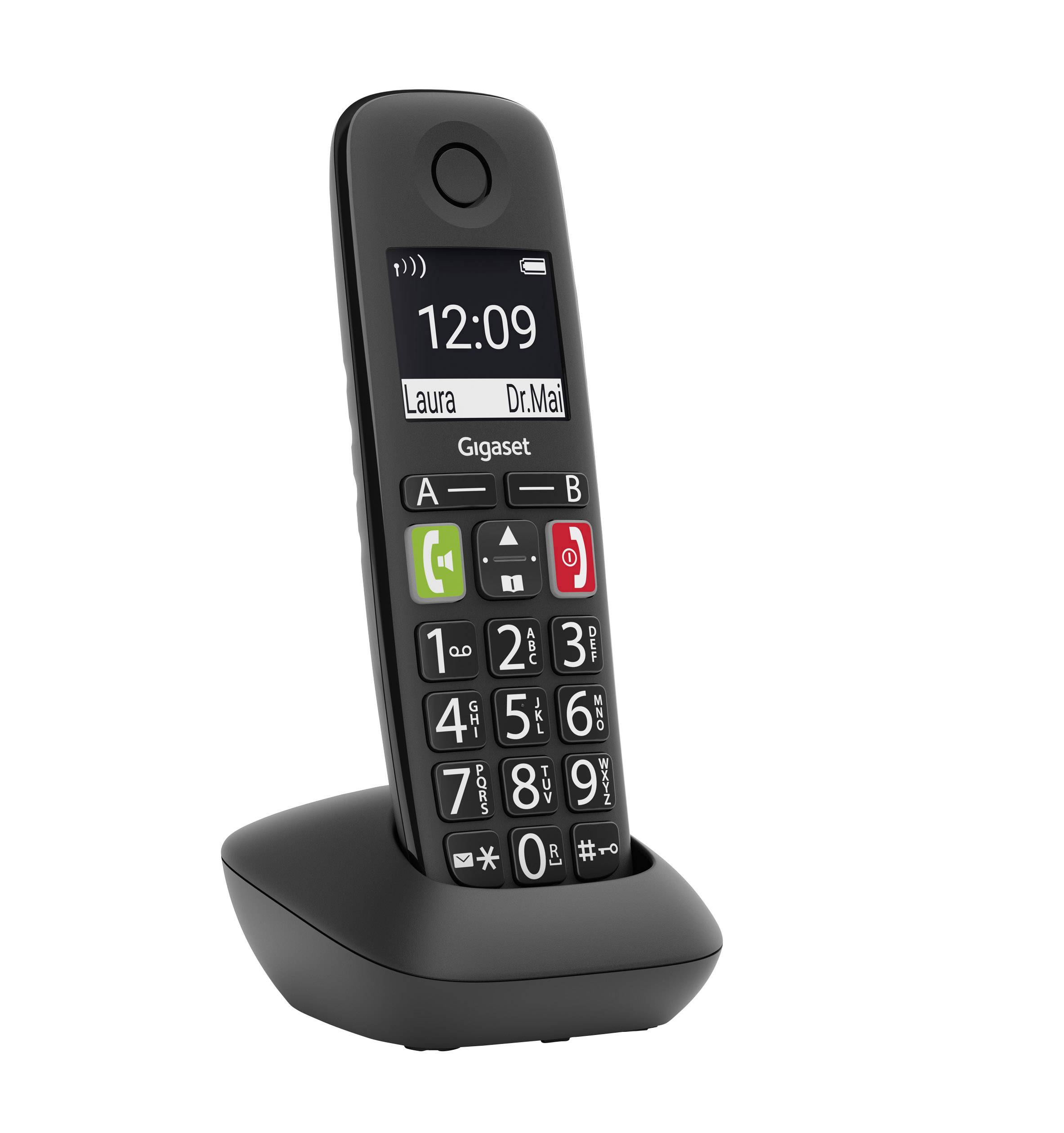 Téléphone sans fil sur sa station de charge, affichant l'écran avec l'heure 12:09 et les contacts enregistrés 'Laura' et 'Dr. Mail'.
