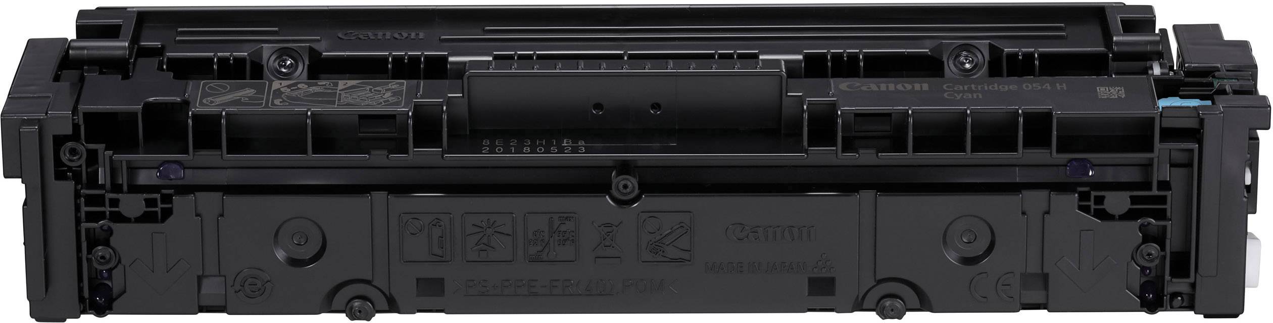 Cartouche d'encre noire avec logo Canon, de forme rectangulaire, affichant des symboles de consigne d'installation et de manipulation, adaptée aux imprimantes laser.