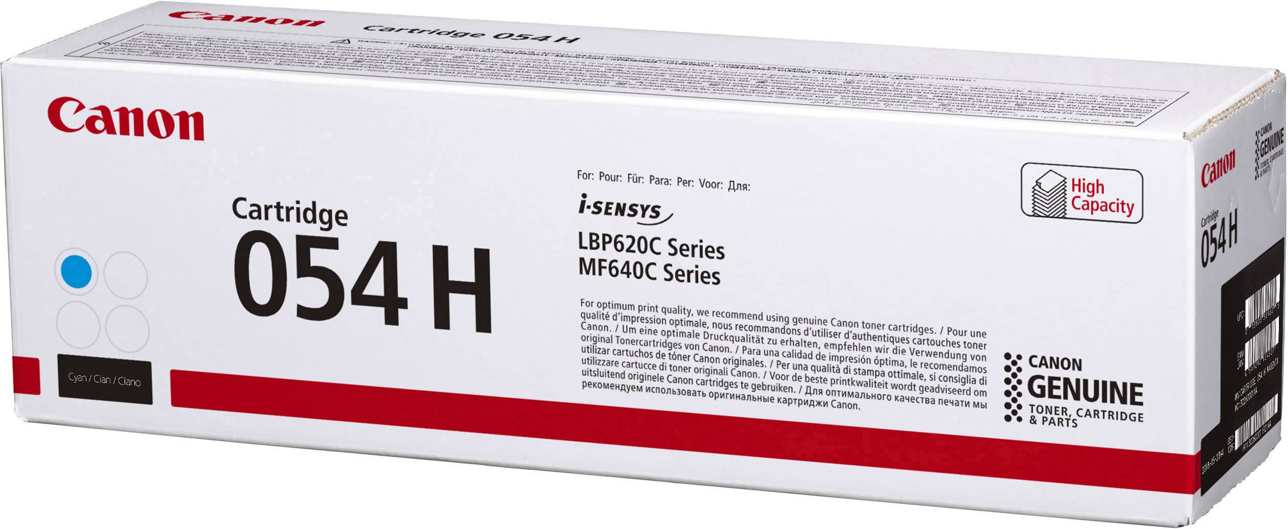 Un emballage blanc d'un toner Canon 054 H pour les imprimantes des séries LBP620C et MF640C. L'emballage met en avant sa haute capacité.