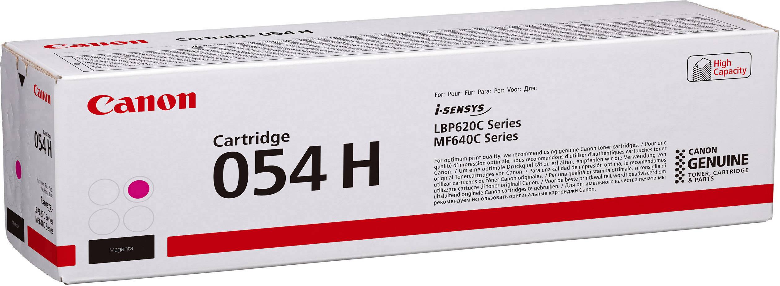 Cartouche de toner Canon 054 H pour séries LBP620C et MF640C, haute capacité, qualité d'origine, boîte blanche avec des accents rouges.