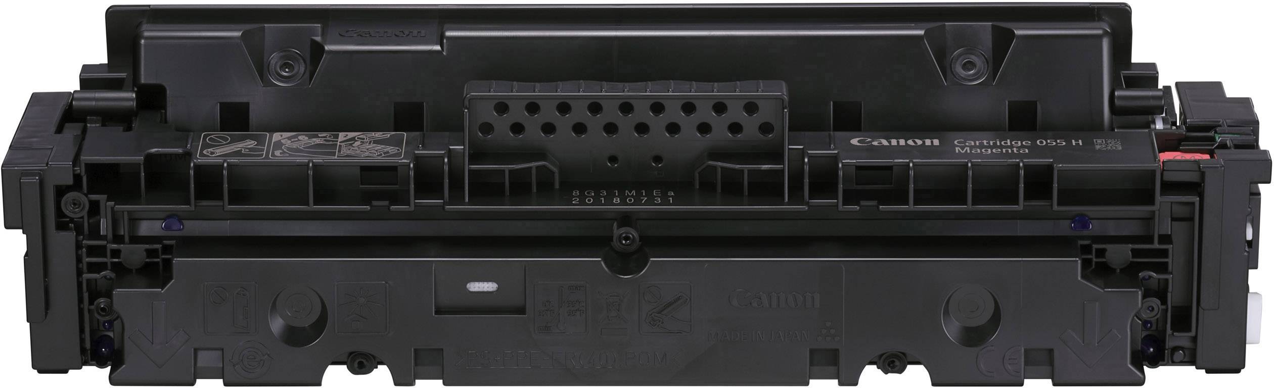 Une cartouche de toner noir, probablement de Canon, avec plusieurs connecteurs et étiquettes, vue de face.