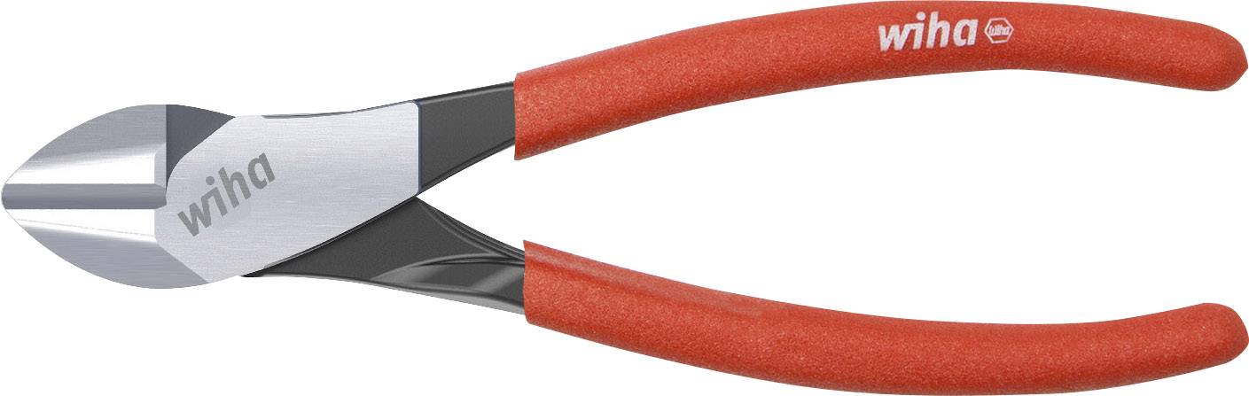 Coupe-côtés rouge avec des lames en métal, vu de côté, avec la marque 'Wiha' sur les poignées. Idéal pour une coupe précise.