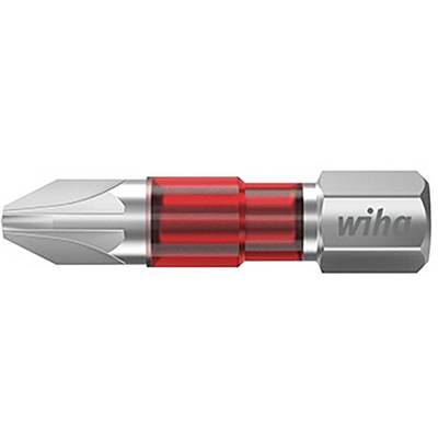 Un embout de tournevis avec une partie transparente rouge et une pointe argentée. Le nom 'wiha' est gravé sur le côté.