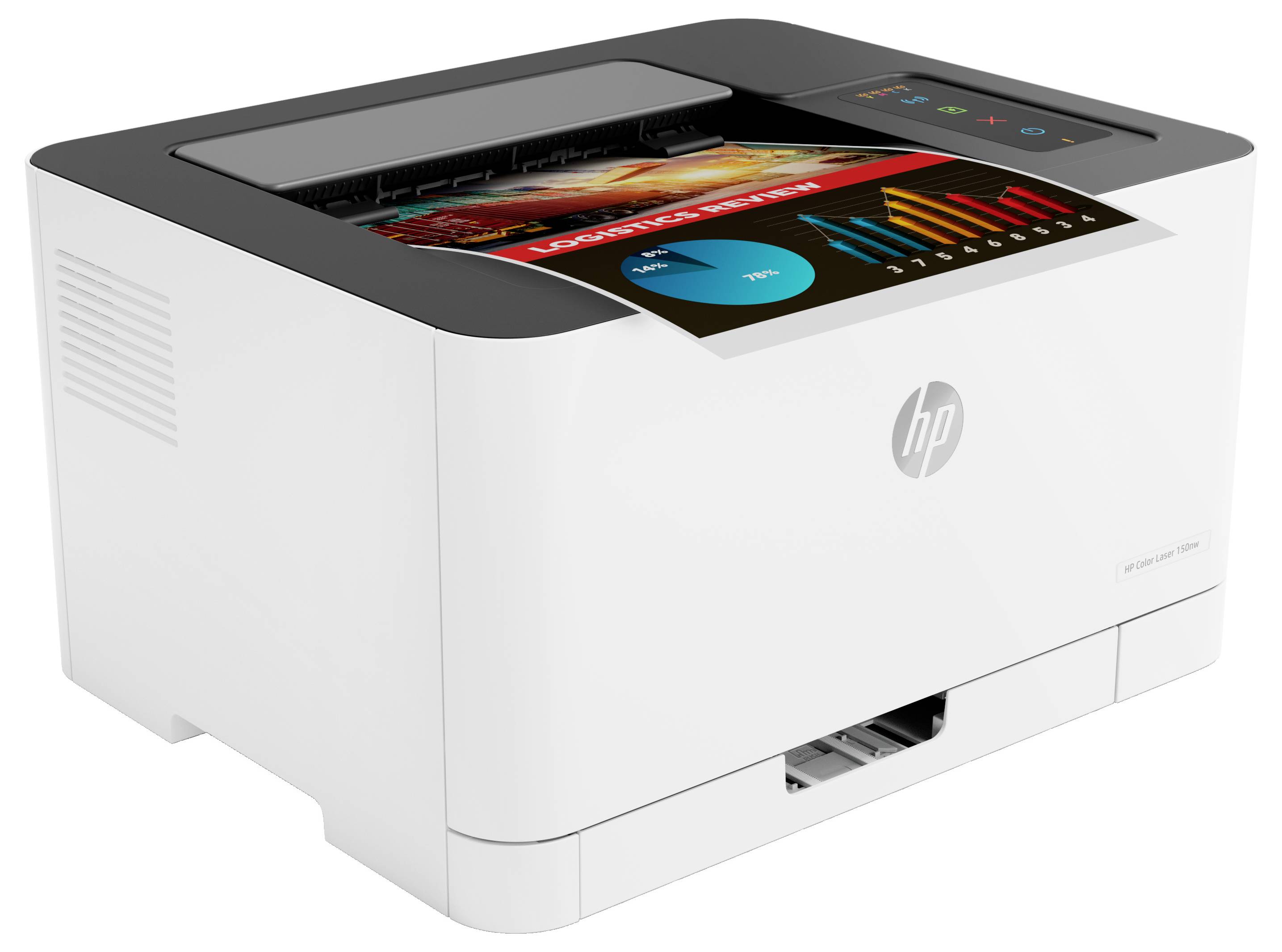 Imprimante laser couleur HP blanche présentée en vue trois-quarts avec un panneau de commande tactile affichant un graphique de type tableau de bord sur le dessus.
