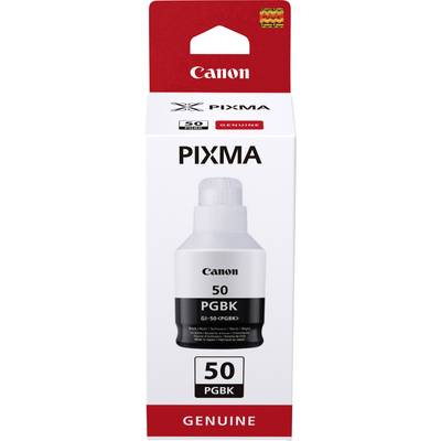 Un petit flacon d'encre pour imprimantes Canon, modèle PIXMA, portant l'inscription '50 PGBK'. L'emballage affiche le logo Canon et d'autres détails.