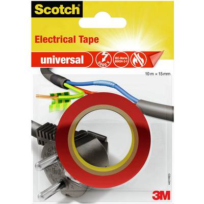 Emballage d'un ruban isolant rouge de la marque Scotch. Texte : 'Ruban électrique', 'universel', '10 m x 15 mm', '3M'. Adapté pour l'isolation des câbles.