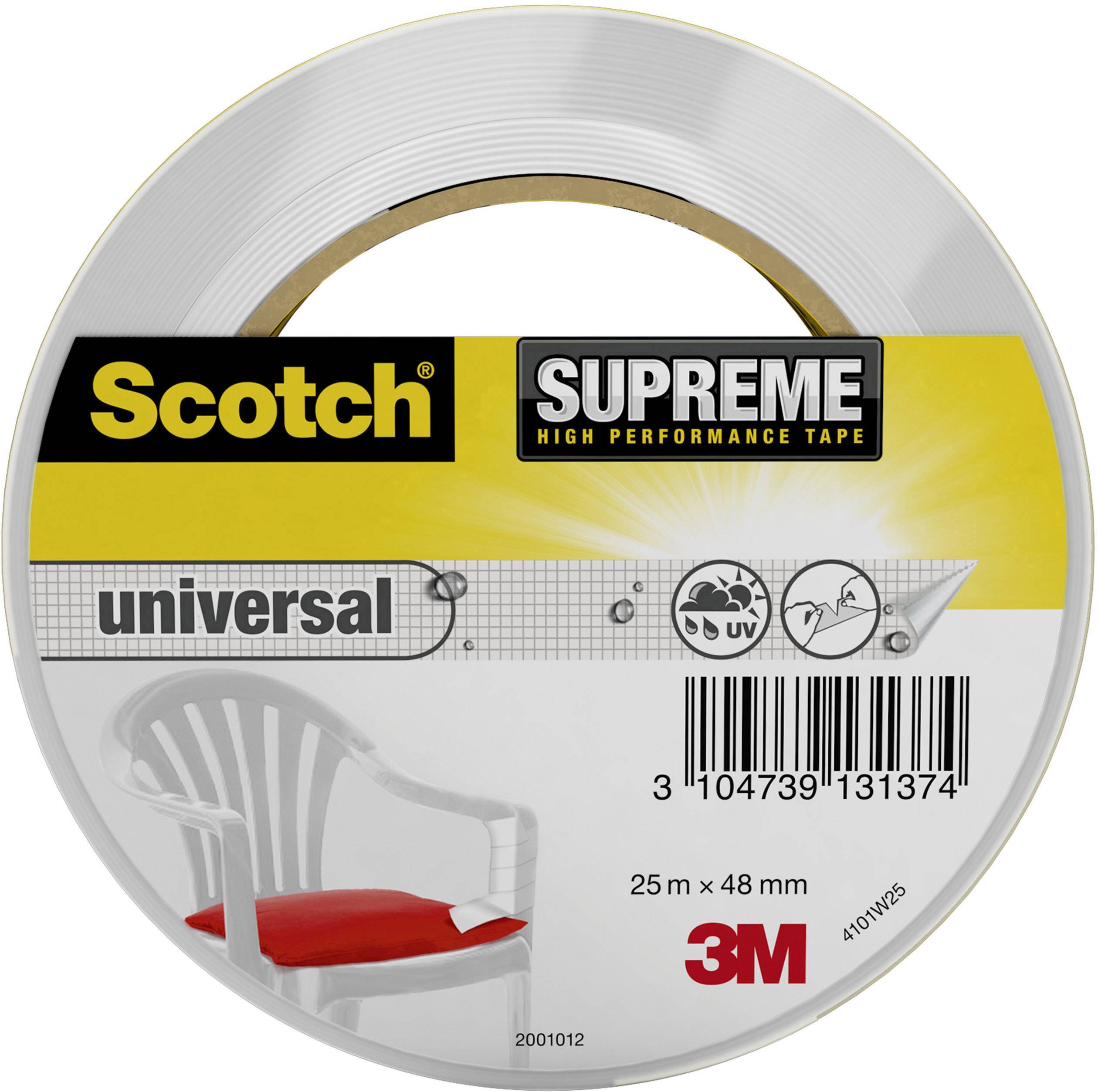 Rouleau de ruban adhésif Scotch, modèle 'Supreme', 25 m x 48 mm, adapté à diverses applications. L'emballage présente un chaise en plastique à titre d'exemple.