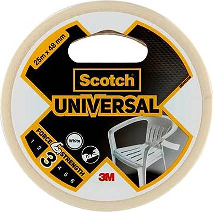 Rouleau de ruban adhésif Scotch, type universel, 25 m x 48 mm. Pour usage général, représenté à côté d'une chaise en plastique. Intensité 3 sur 6.
