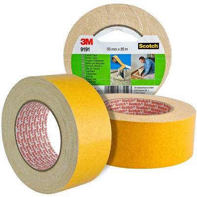 Trois rouleaux de ruban adhésif Scotch de 50 mm de large et 25 m de long. Un rouleau porte une étiquette avec une image d'artisan et des détails d'utilisation.