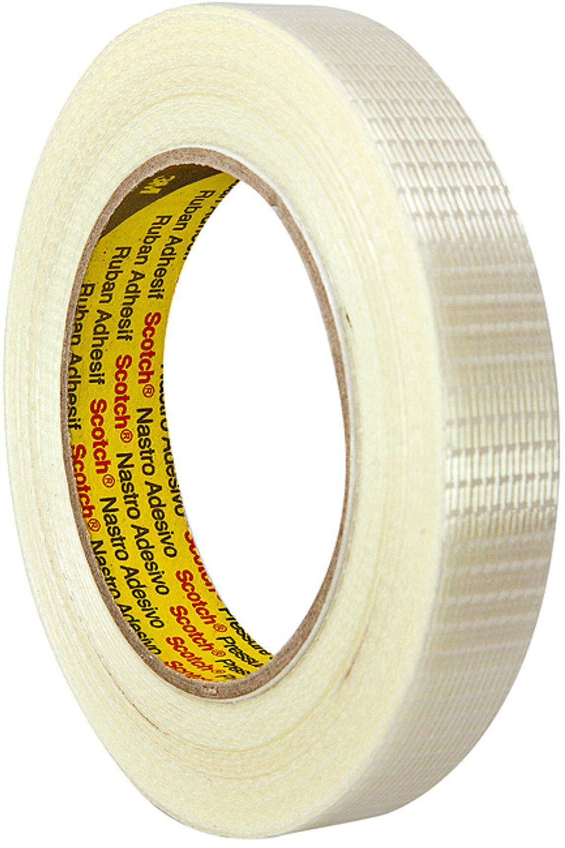 Un rouleau de ruban adhésif transparent avec un noyau intérieur jaune. Indispensable pour l'emballage et les réparations.