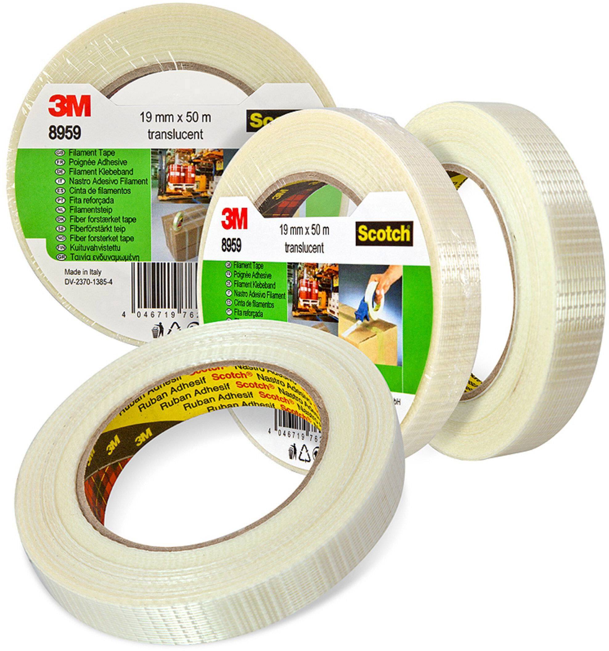 Quatre rouleaux de ruban adhésif 3M Scotch de différentes largeurs, adaptés pour l'emballage et le scellage, transparents et résistants.