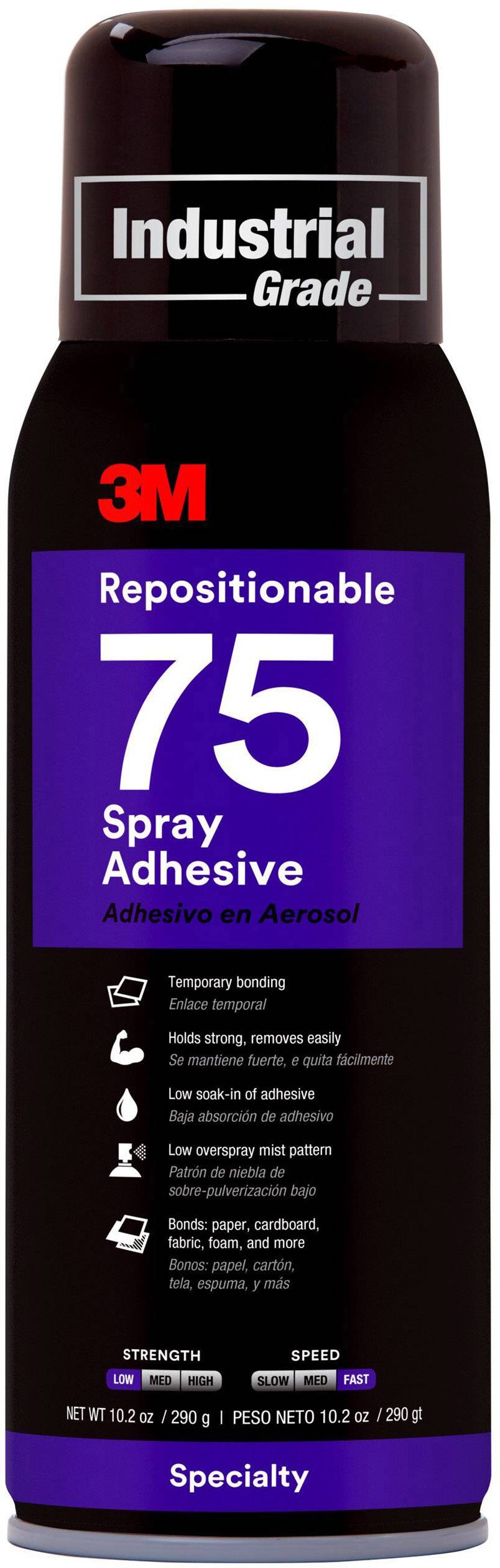 'Bombe aérosol portant l'inscription '3M Repositionable 75 Spray Adhesive' ; colle en spray temporaire, adaptée aux matériaux légers.'