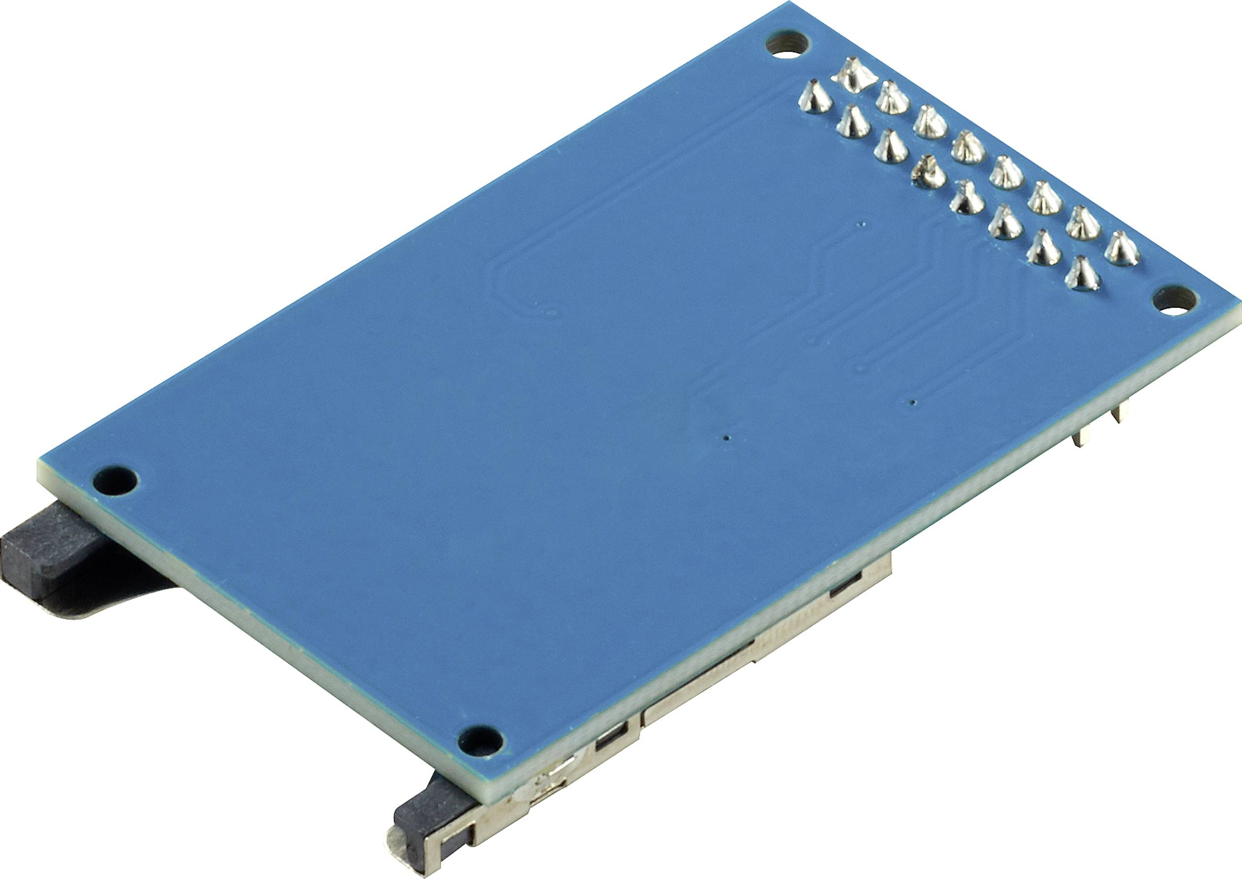Un module RFID bleu avec plusieurs broches sur le bord supérieur. Il est fréquemment utilisé pour la communication sans fil dans des projets.