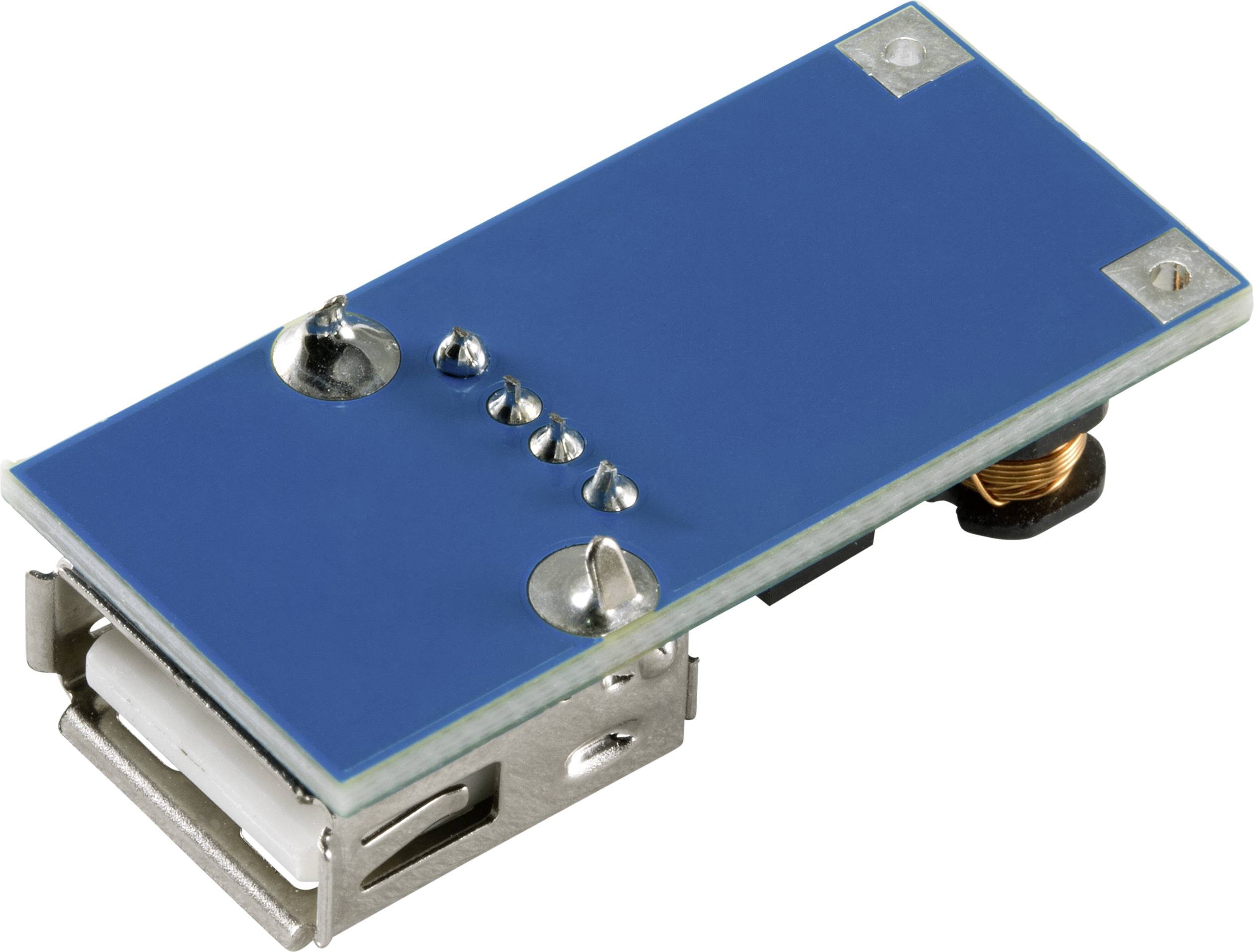 Un module électronique bleu avec un port USB et plusieurs contacts métalliques sur sa surface supérieure.
