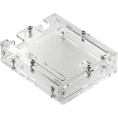Boîtier en acrylique avec plusieurs vis de montage, adapté au logement d'électronique ou à la protection de petites cartes électroniques.