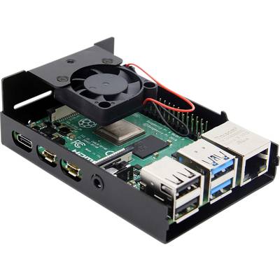 Un Raspberry Pi dans un boîtier avec ventilateur. On peut voir des ports USB, HDMI et Ethernet ainsi qu'un système de refroidissement au-dessus de la carte.