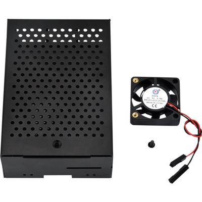 Une boîte métallique noire avec un couvercle perforé à côté d'un petit ventilateur muni de câbles rouges et noirs et d'une vis de fixation.