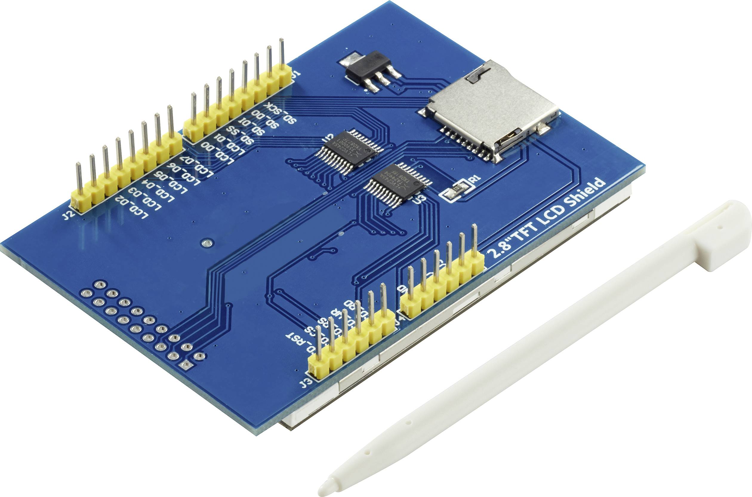 Carte électronique avec barrette de connexion jaune et emplacement pour carte SD, à côté d'un stylet blanc.