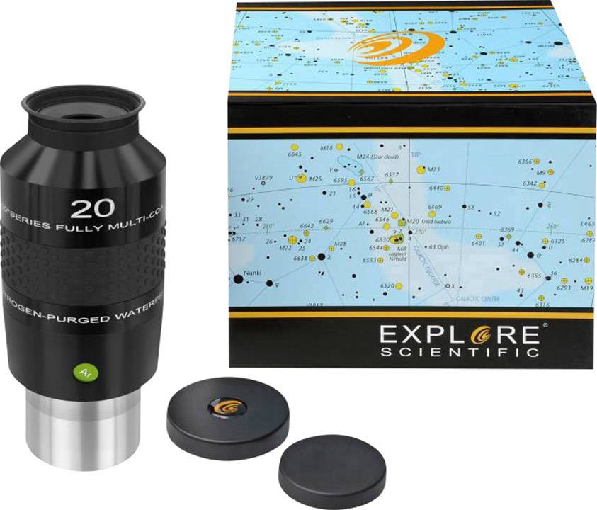 Oculaire Explore Scientific '20mm' avec emballage et accessoires. Une carte du monde est représentée sur l'emballage.