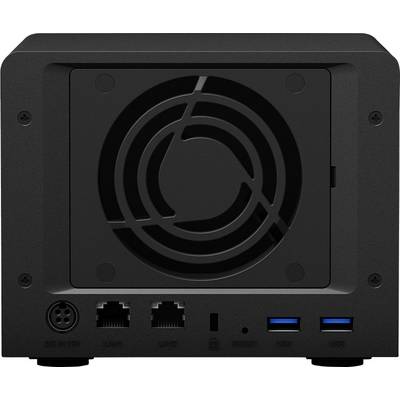 Un appareil électronique noir avec des fentes de ventilation et des ports à l'arrière, notamment des ports LAN et USB.