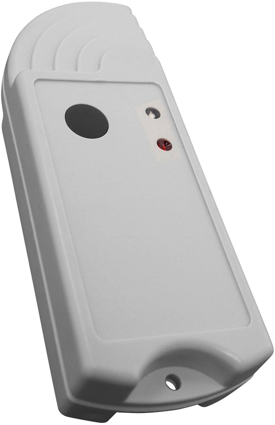 Un appareil rectangulaire blanc aux bords arrondis, doté d'un bouton noir et d'un petit voyant rouge, probablement un capteur ou un interrupteur.