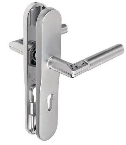 Poignée de porte en métal avec serrure intégrée et design pour portes de sécurité.