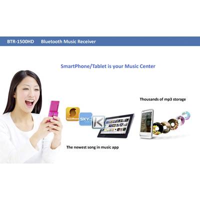 Femme avec un smartphone à gauche, l'écran affichant 'SmartPhone/Tablette est votre Centre Musical'. À droite, des symboles d'applications et d'appareils musicaux.