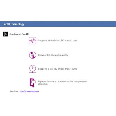 La technologie aptX offre un audio LPCM 48 Hz/24 bits, une qualité similaire au CD, une latence inférieure à 130 ms et une compression sans perte.