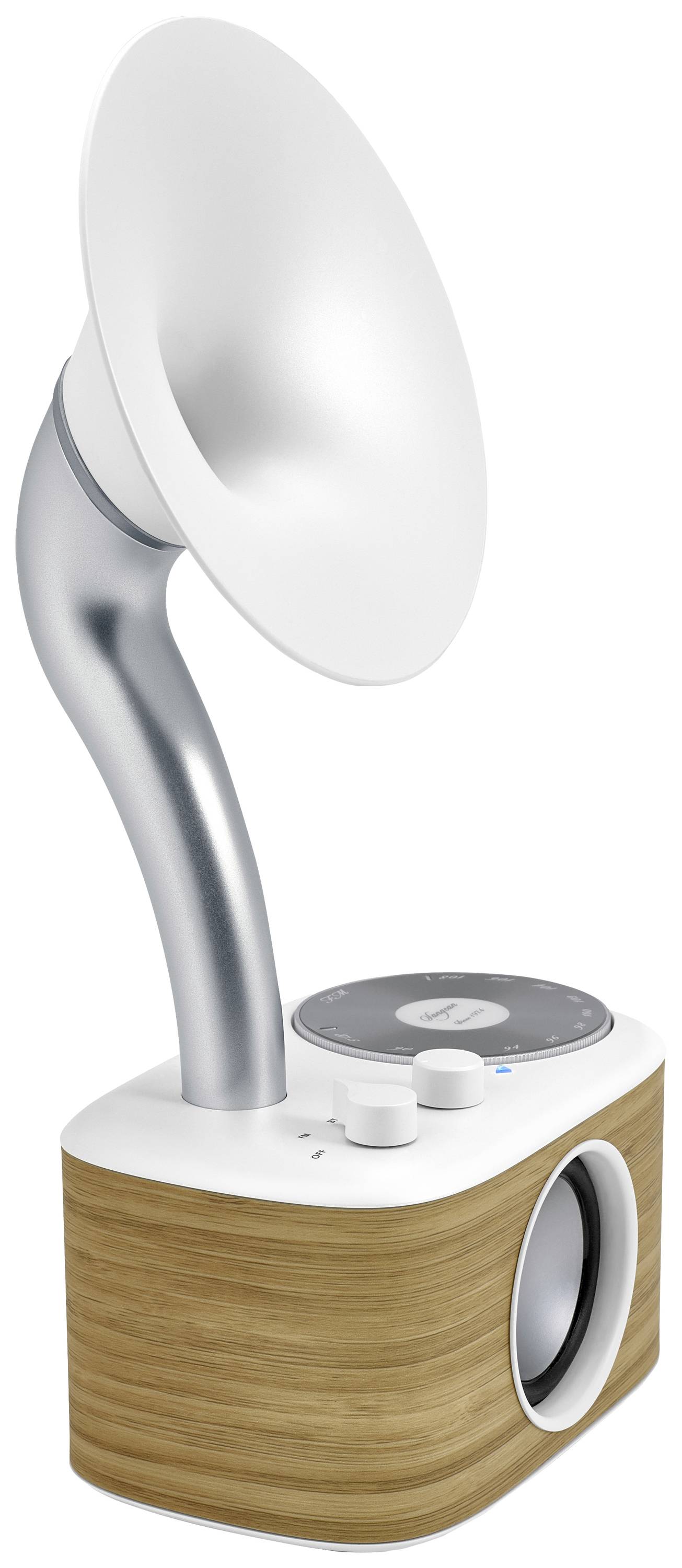 Enceinte portable au design rétro, dotée d'un grand haut-parleur en forme de pavillon et d'éléments en bois. Dispose de boutons de commande sur le dessus.