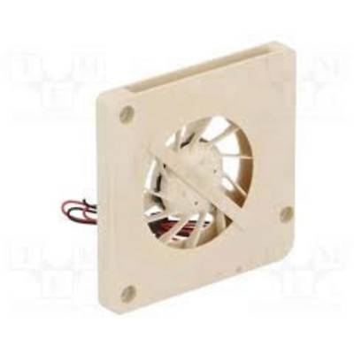 Un ventilateur d'ordinateur carré de couleur beige avec des câbles à l'arrière. Le ventilateur est conçu pour refroidir des composants électroniques.
