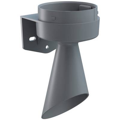 Un support en forme d'entonnoir gris en métal, qui peut être monté au mur. Sa forme permet le séchage d'un tuyau.