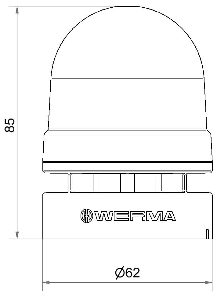 Un croquis d'esquisse d'une balise sirène Werma, montrant les dimensions : hauteur 85 mm, diamètre 62 mm.