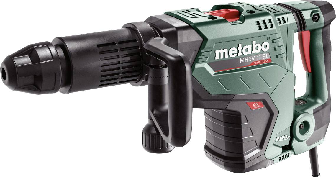 Marteau-piqueur démolisseur sans fil Metabo MHE 5-11 de couleur verte présenté en vue latérale avec poignée auxiliaire et accessoire de burin/mèche.